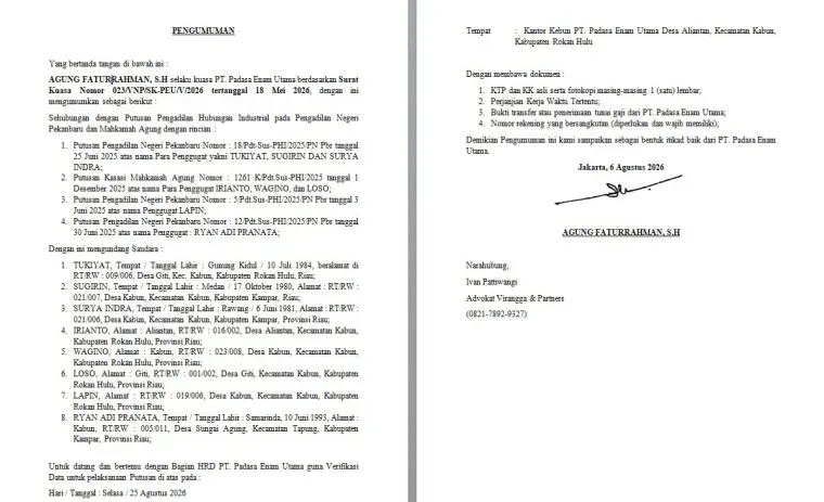 PT Padasa Enam Utama Undang Delapan Eks Karyawan untuk Verifikasi Data Tindak Lanjut Putusan PHI